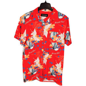 Reason Brand Men's Button-Up Short-Sleeved Shirt Asian/Crane Scene